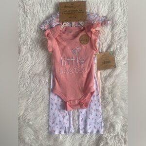 Pink 'Little Sister' Baby Onesie and Floral Pants 3pc Set